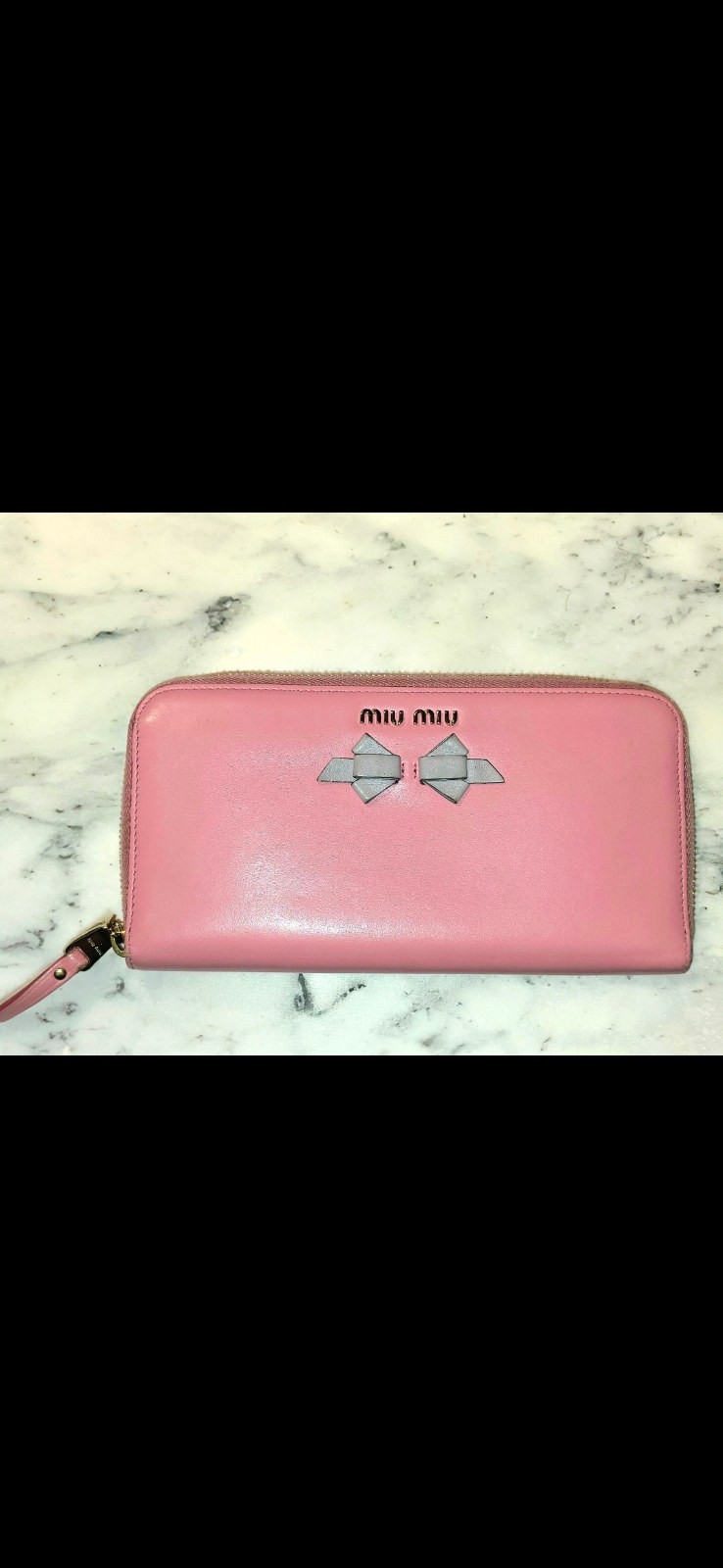 Miu Miu Pink Leather Zip-Around Wallet with Bow Detail