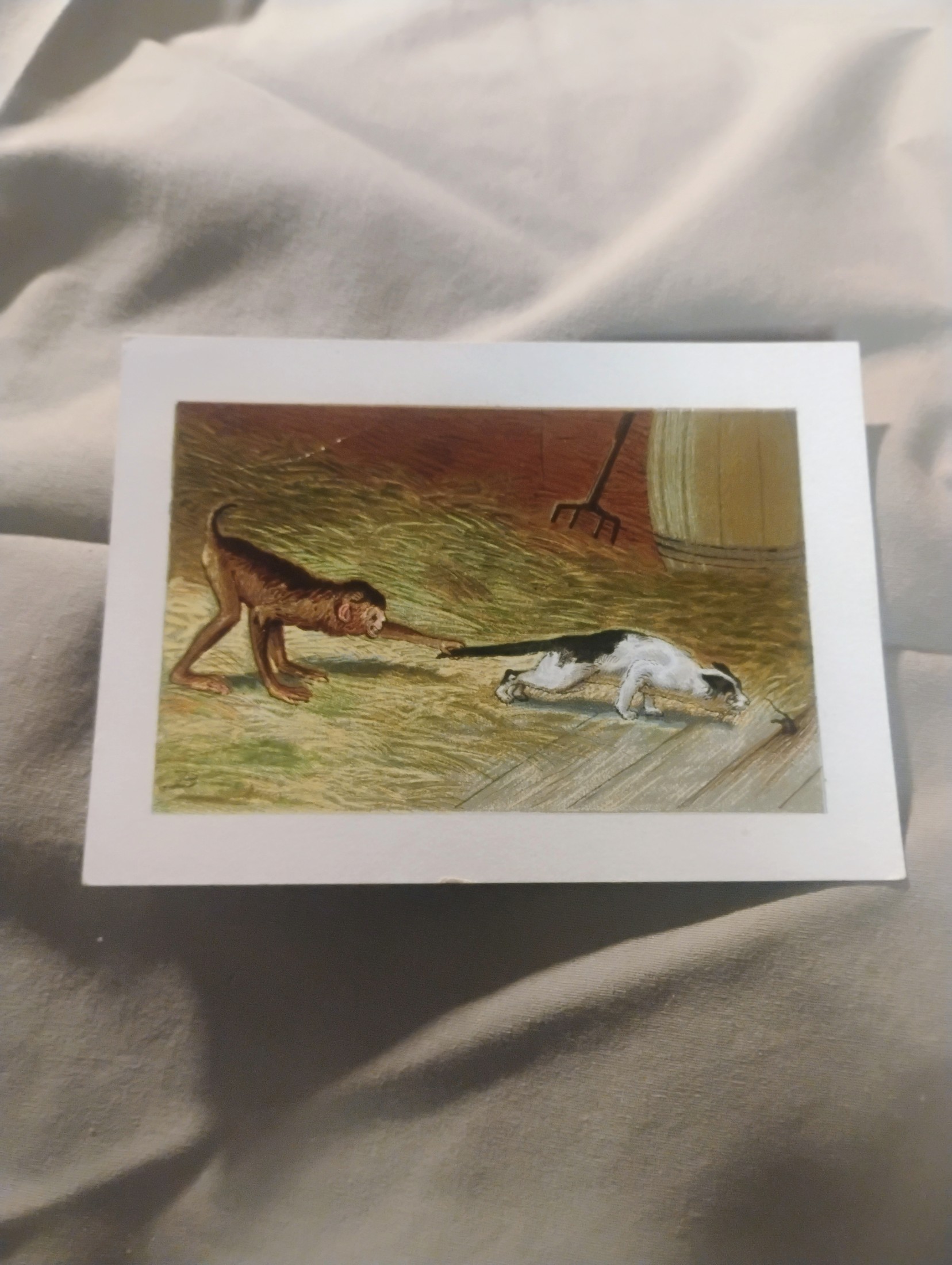 Vintage illustration print — Cat and Mouse in barn setting