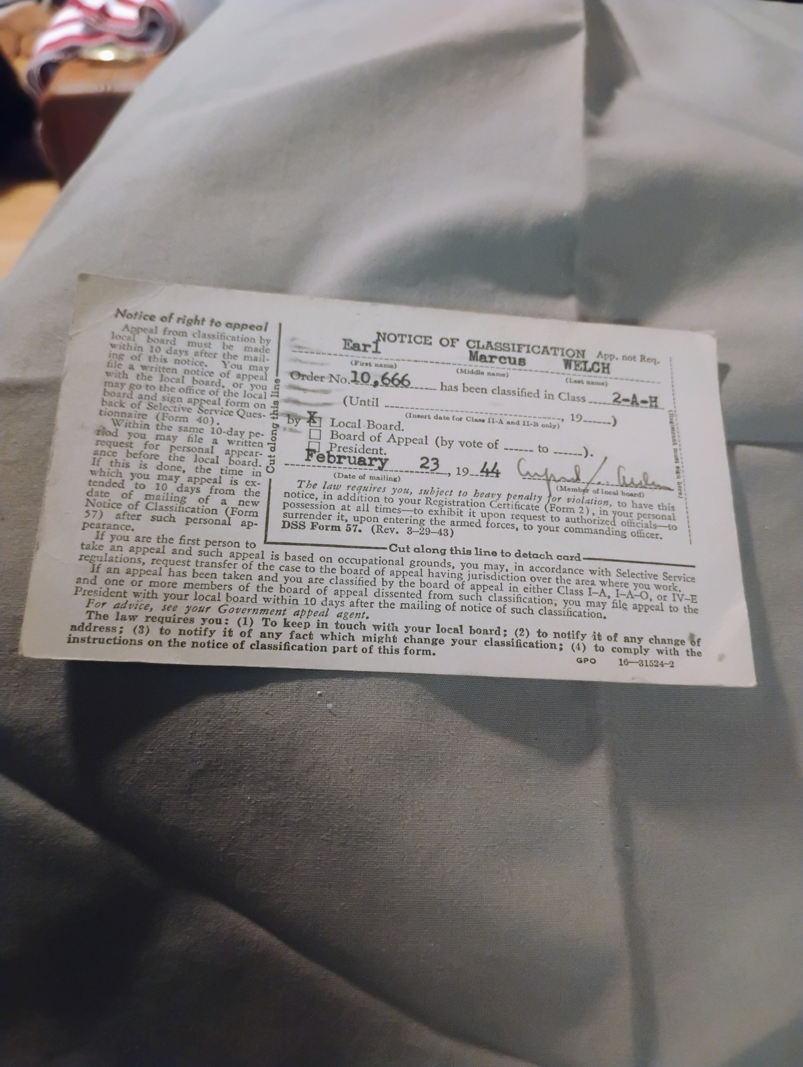 WWII Selective Service Notice of Classification — Earl Marcus Welch, Order No. 10,666, February 23, 1944