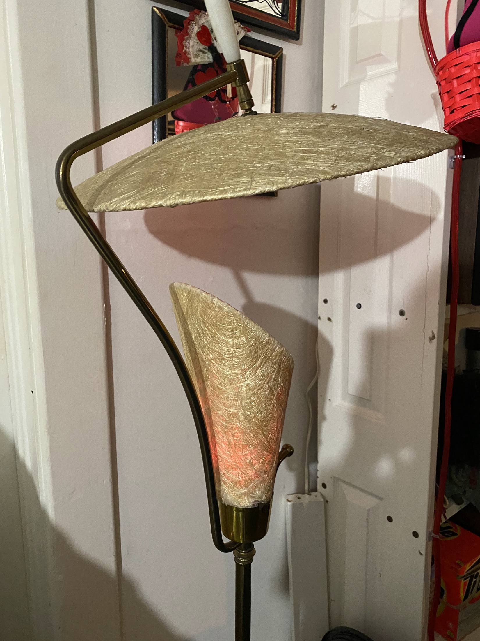 Mid-Century Modern Dual-Light Fiberglass Floor Lamp with Brass Frame