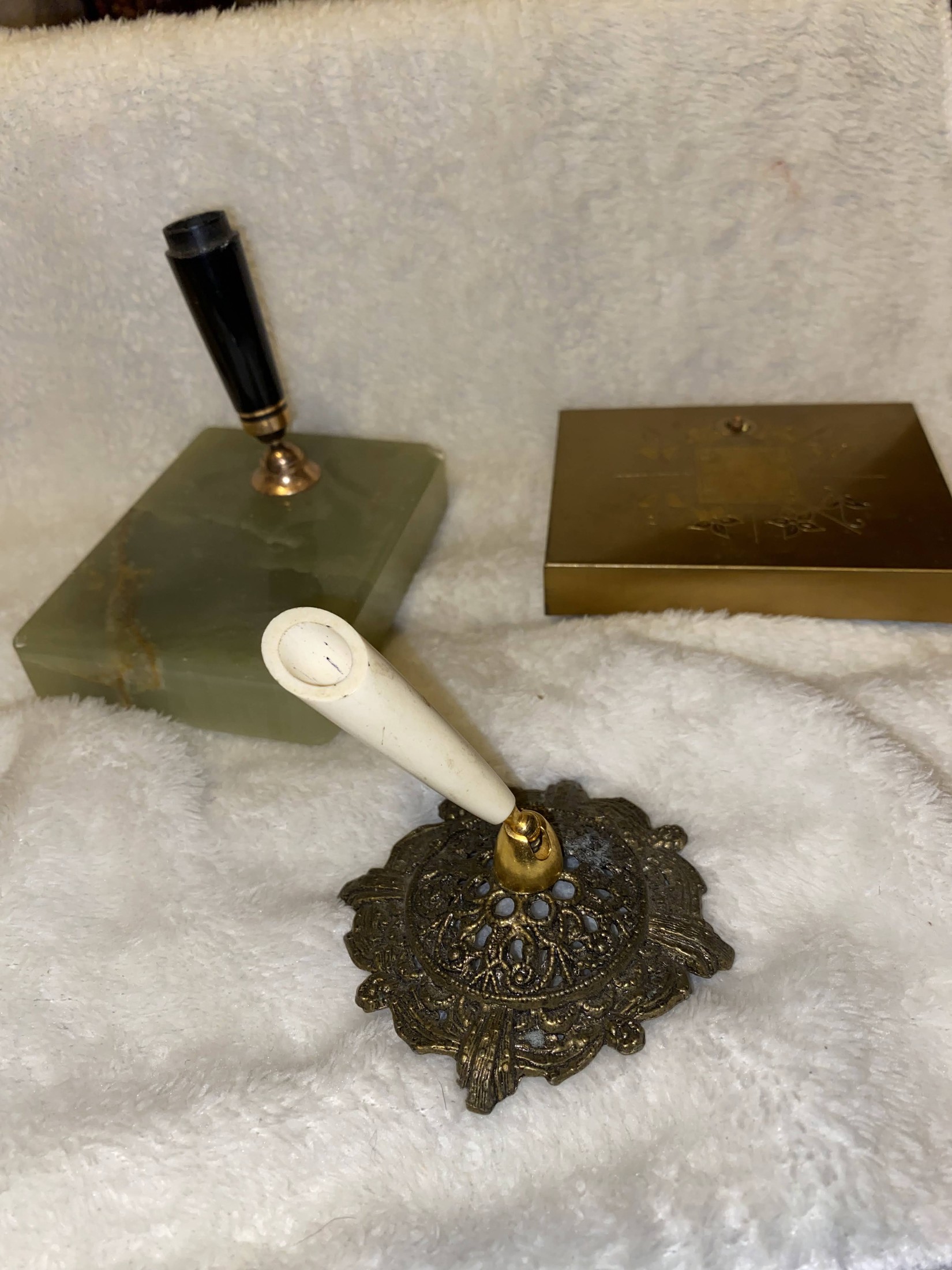Vintage Desk Set: Onyx Pen Stand, Ornate Cast Brass Pen Holder, and Engraved Brass Box