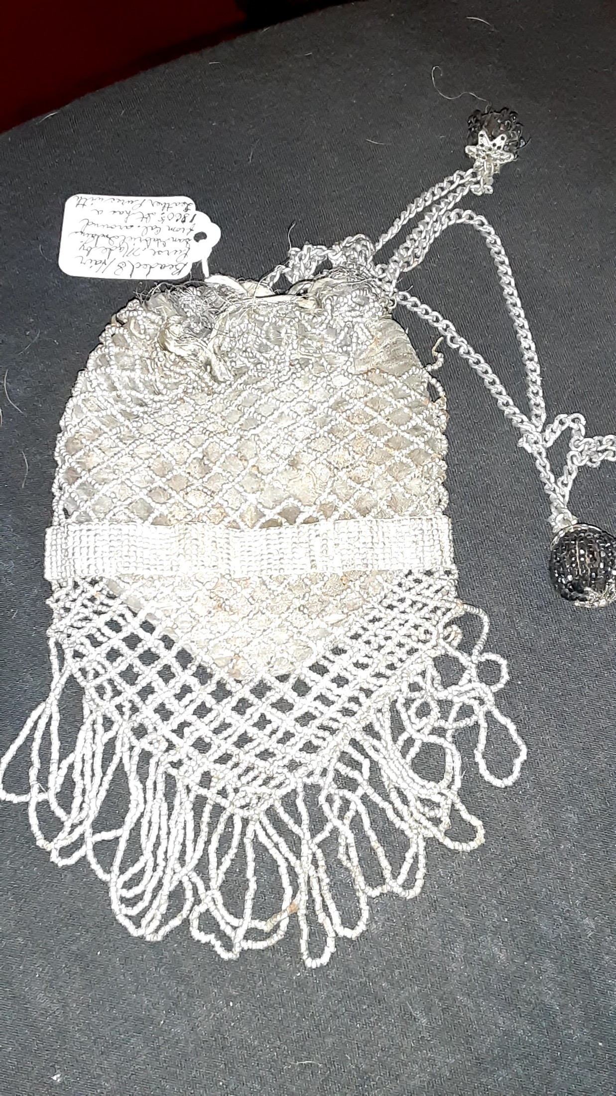 Antique Hand-Crocheted Beaded Drawstring Purse with Chain Handle