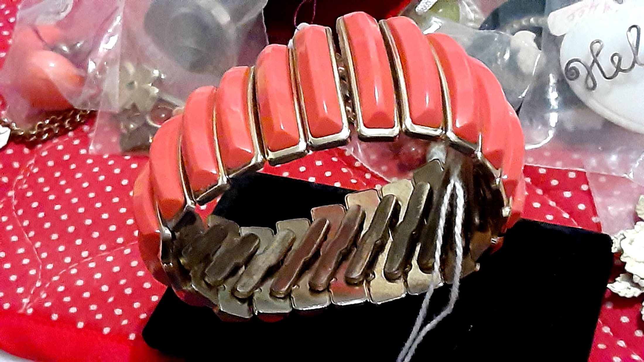 Coral-Color Lucite and Gold-Tone Panel Stretch Bracelet