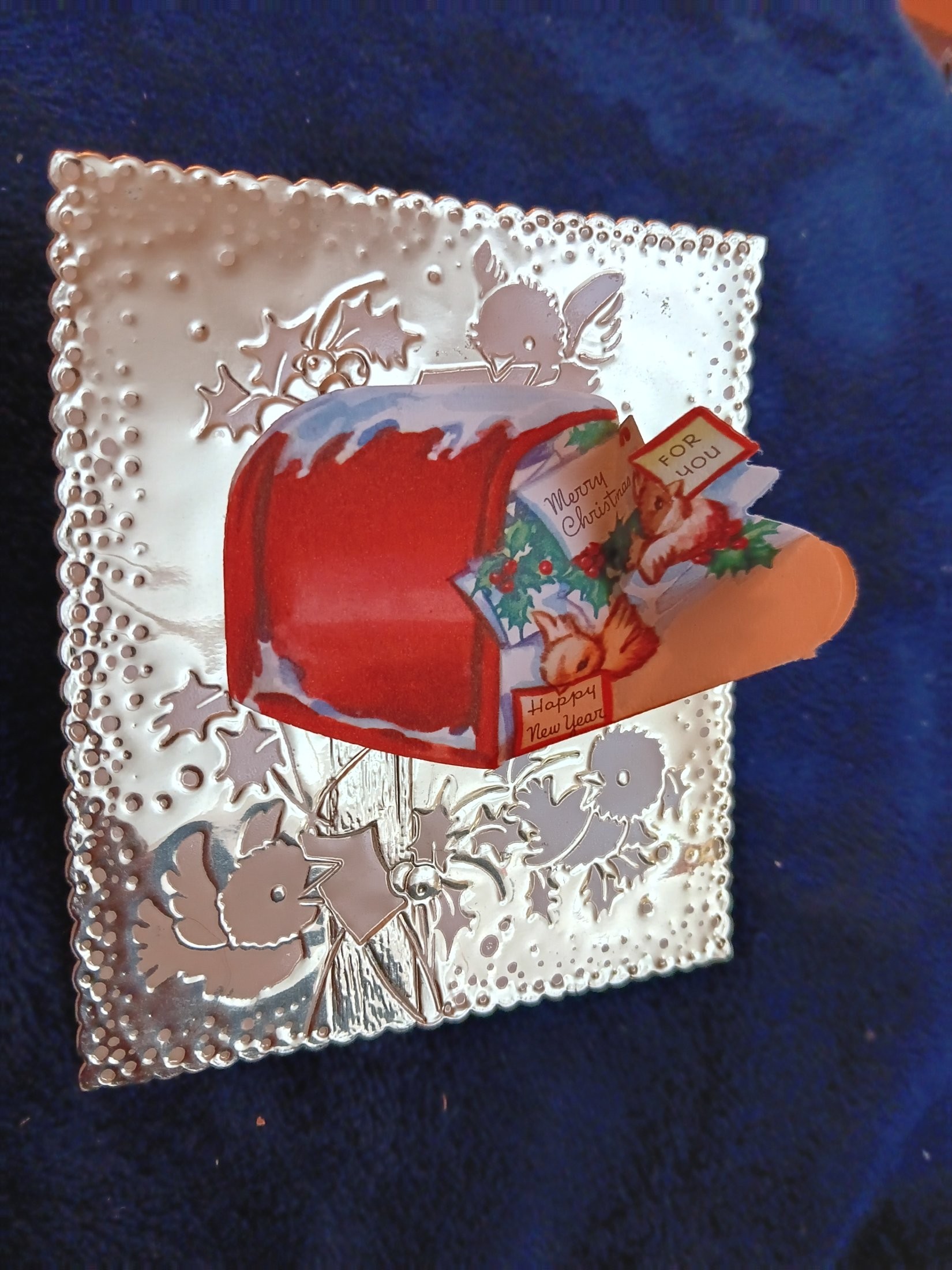 Embossed Silver-Tone Metal Christmas/New Year Greeting Card with Mailbox Lithograph Insert