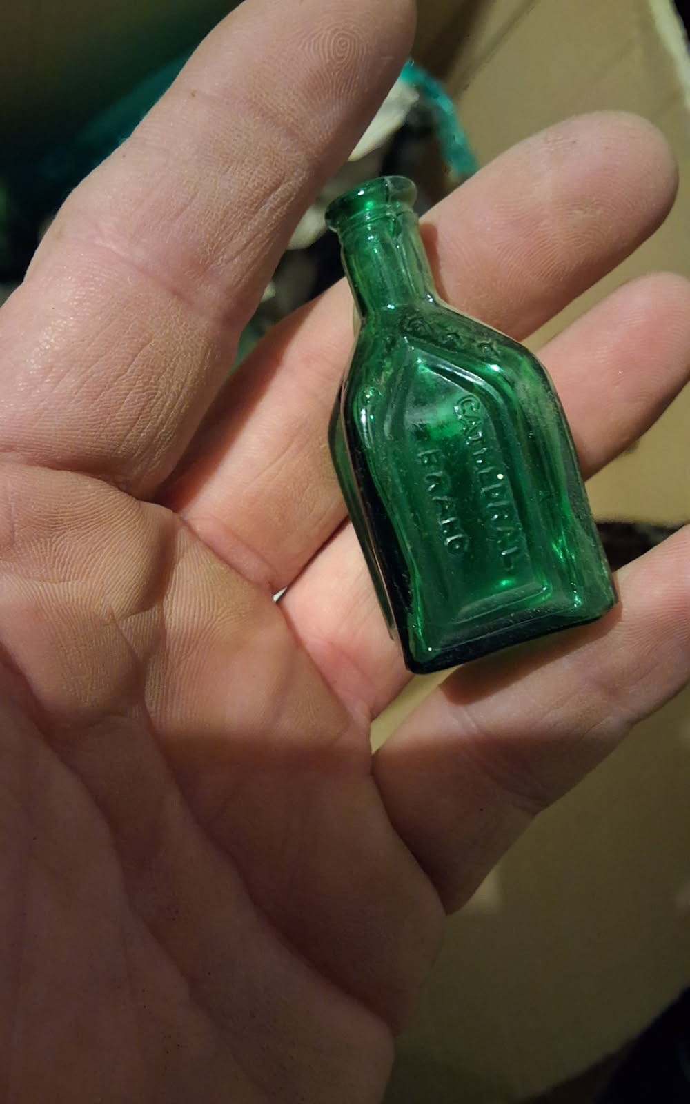 Miniature Embossed Emerald Green Antique Medicine/Poison Bottle