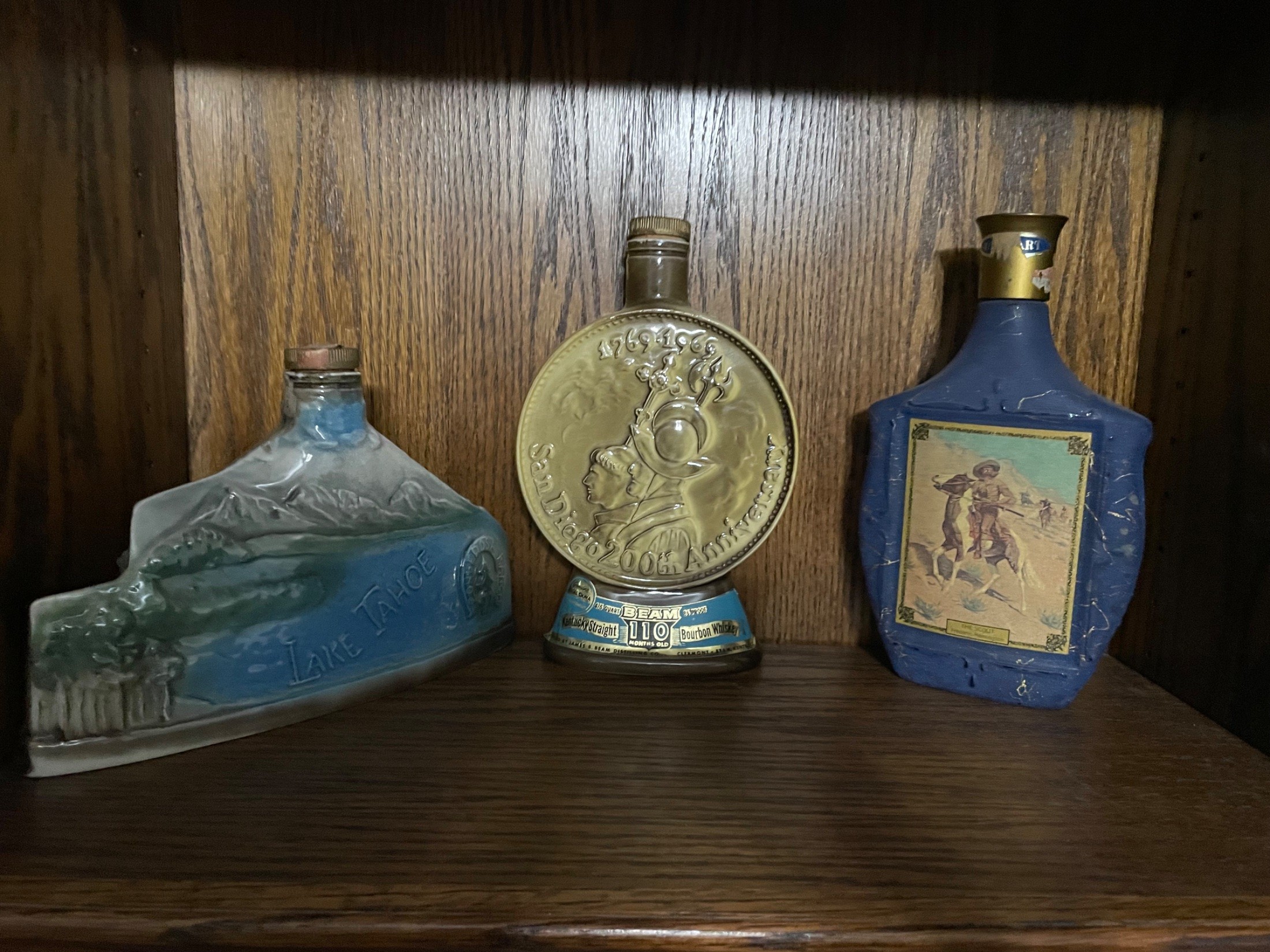 Jim Beam Ceramic Whiskey Decanters — Lake Tahoe, San Diego 200th Anniversary, and Western Scene (set of 3)