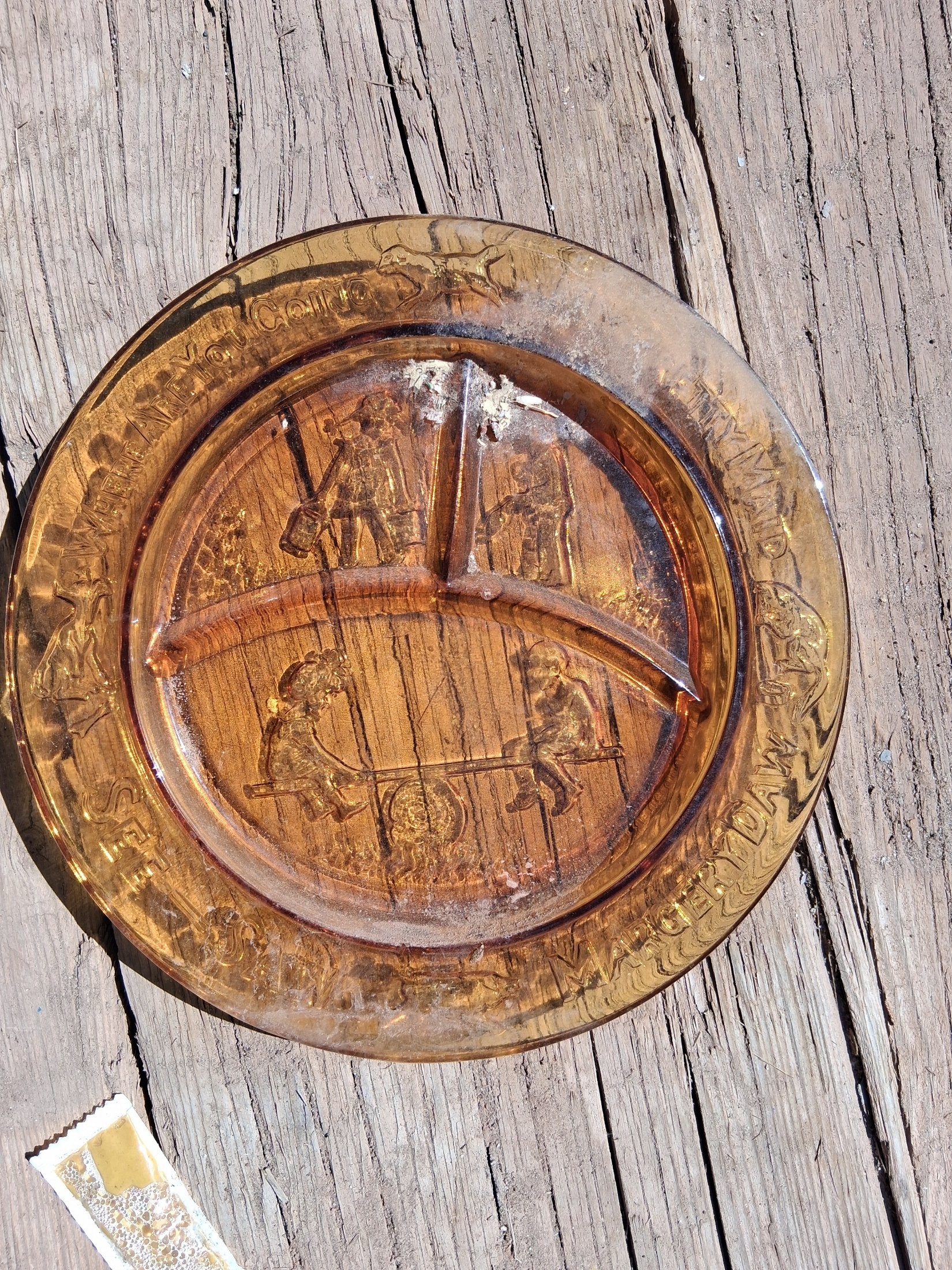 Depression Glass Amber Nursery Rhyme Divided Child's Plate – 'See Saw Margery Daw'
