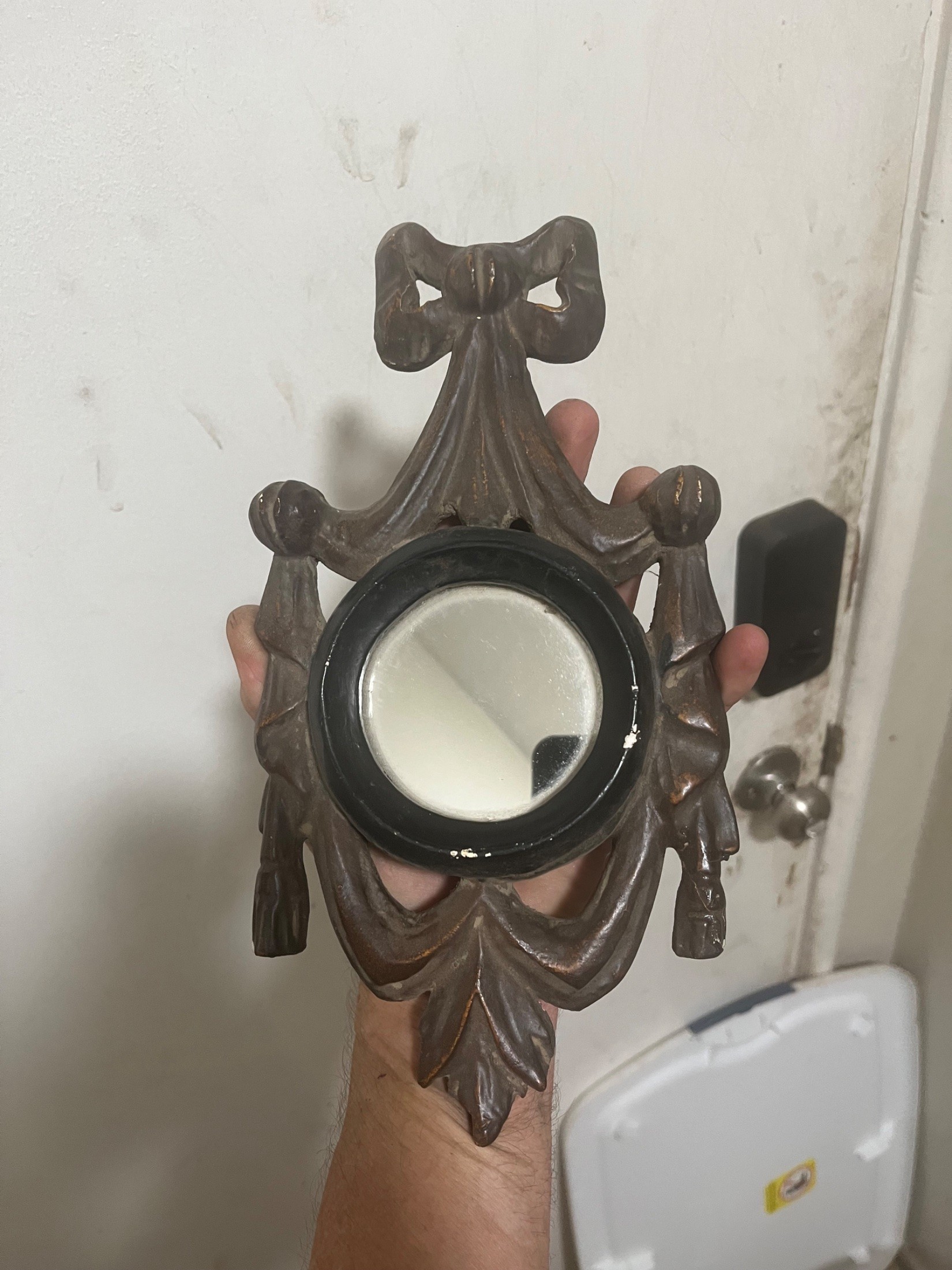 Small Cast Iron Ornate Bow and Swag Framed Wall Mirror