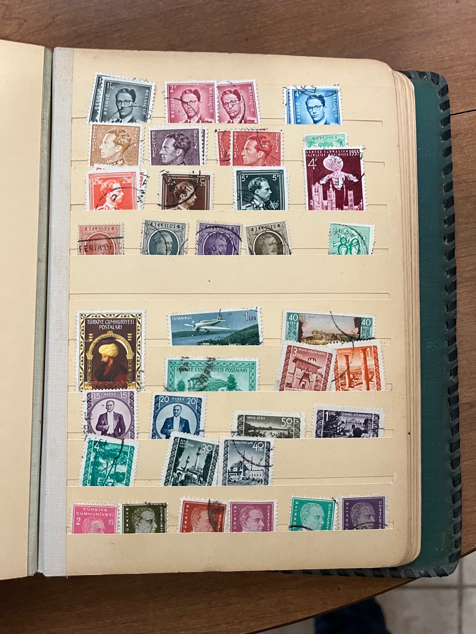 Multiple — Belgium (Belgique/Belgie) and Turkey (Türkiye Cumhuriyeti Postaları) Various — Belgium: 1f50, 2f, 4f, 2f50, 3f25, 5f, 4f (flowers), and others; Turkey: 1 lira, 40 kuruş, 15 kuruş, 20 kuruş, 50 kuruş, 4 kuruş, 30 kuruş, 2 kuruş, and others