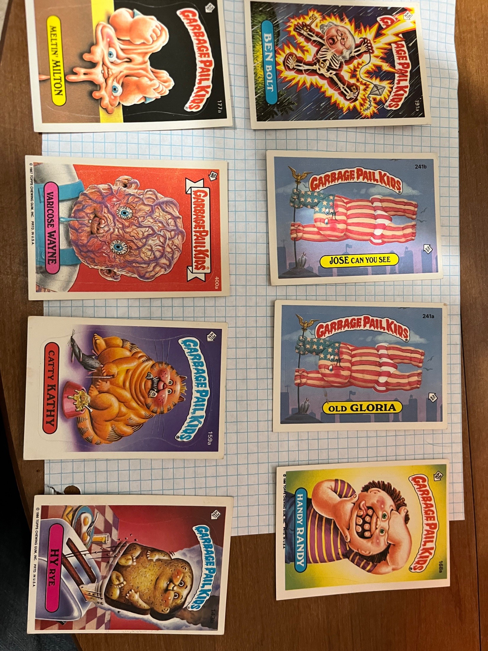 Multiple cards — Meltin Milton, Ben Bolt, Varicose Wayne, Jose Can You See, Catty Kathy, Old Gloria, Hy Rye, Handy Randy