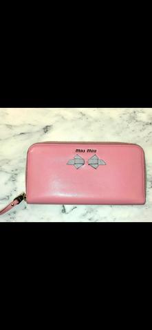 Miu Miu Pink Leather Zip-Around Wallet with Bow Detail