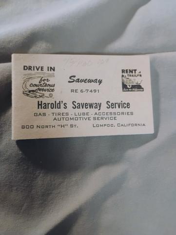 Harold's Saveway Service vintage business card — Lompoc, California