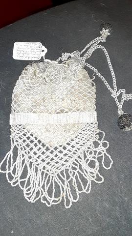 Antique Hand-Crocheted Beaded Drawstring Purse with Chain Handle